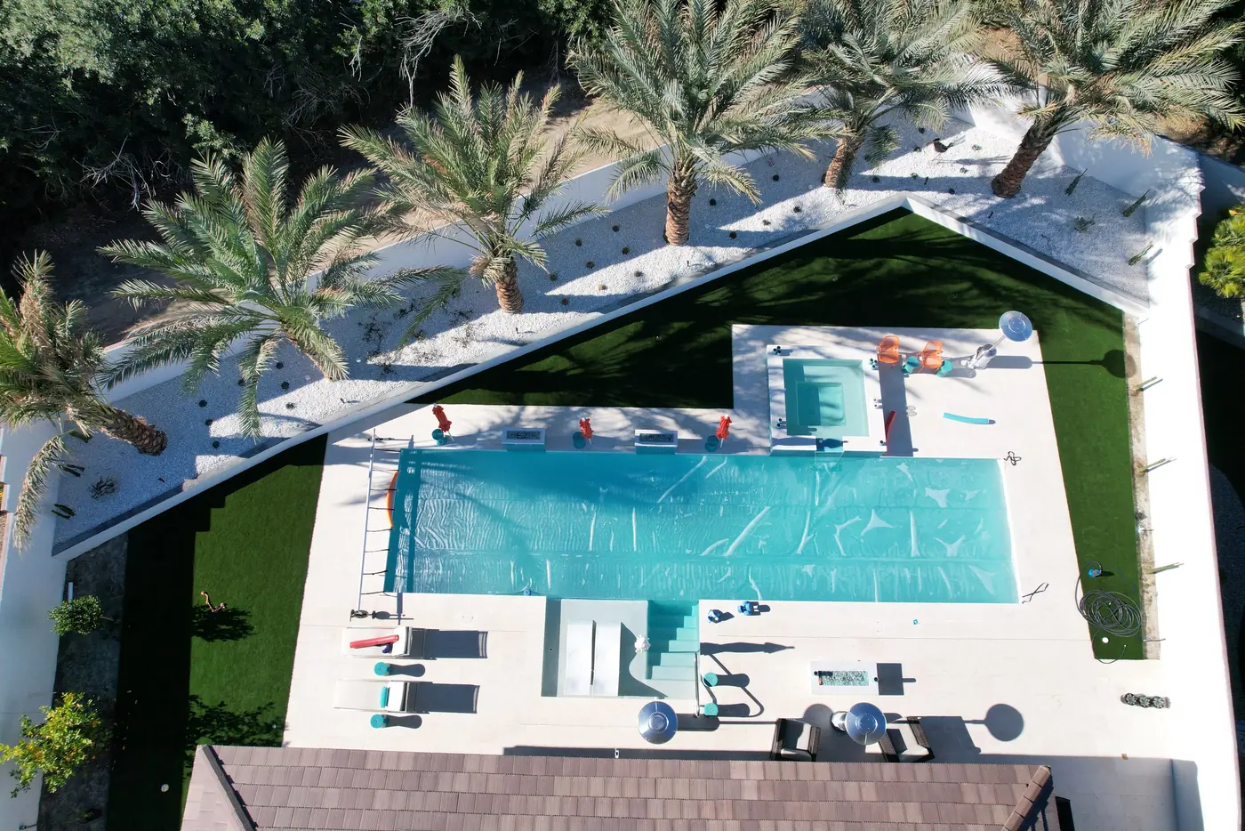Modern pool and spa framed by palms from above