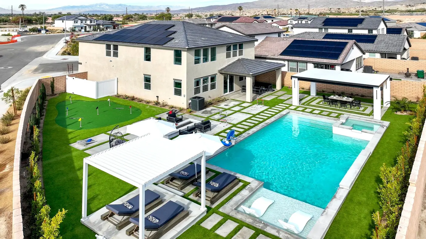 Aerial of a pool terrace with shade structures
