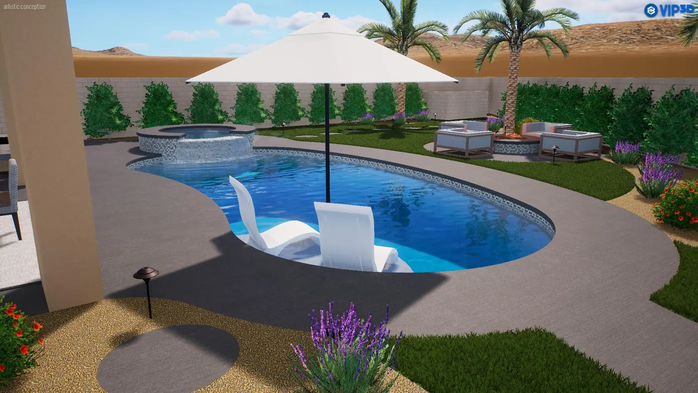 3D rendering of a freeform pool with a swim-out lounge area